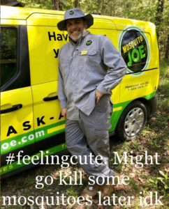 Mosquito Joe of S Brazos Valley /Mosquito Joe of NW Houston Technician standing in front of yellow Mosquito Joe van. 