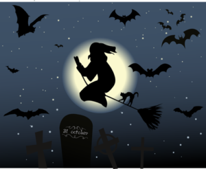 Silhouette of a person flying on a broomstick in front of a full moon