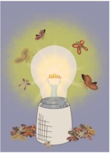Vector graphic of insects attracted to a light bulb. 